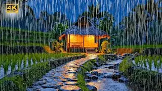 Rain on Thatched Roof Bamboo Hut in Indonesia, Flowing Canal Water Sounds for Sleep No Thunder