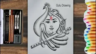 Krishna's face under a peacock with a pencil drawing | easy krishna drawing