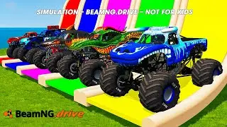 5 MONSTER TRUCKS vs GIANT COLOR WATER SLIDE #022 in BeamNG.Drive