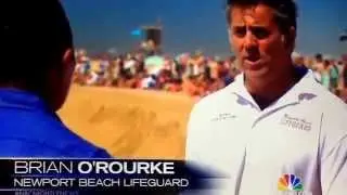 Surfing legend laird Hamilton shoots the pier at Malibu Beach. NBC news covering
