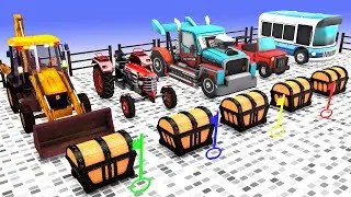 Choose The Right Key With Mystery Box Challenge Tractor JCB Car School Bus Monster Truck 3D Vehicle