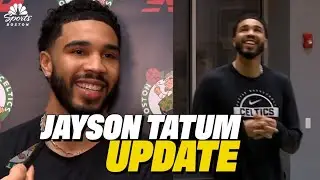 Jayson Tatum speaks with media following first 5-on-5 practice