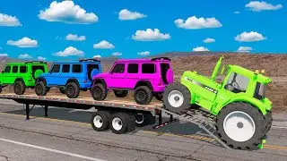 TRANSPORTING PIXAR CARS & FRUITS WITH COLORED & JOHN DEERE vs CLAAS vs TRACTORS - BeamNG.drive #962
