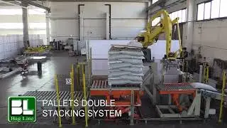 Double stack Robot Palletizer with balancing roller coveyor and carboard application