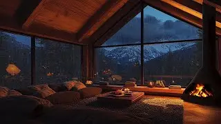 Autumn Thunderstorm with Lightning and Crackling Fireplace in a Cozy Cabin with large Windows