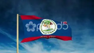 Belize Flag Slider Style With Title. Waving In The Wind With Cloud Background