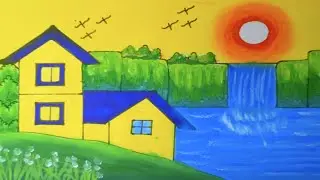 How to Draw a Beautiful Village House Drawing with Waterfall | Easy Landscape Drawing for Beginners