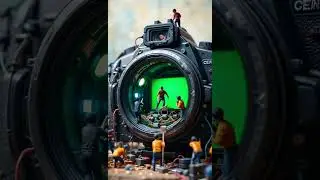 Miniature stage crew sets up production inside a giant camera