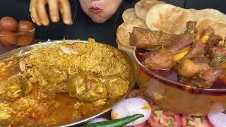 ASMR EATING LAL MURGHIR JHOL,PURI MUTTON CURRY,CHICKEN LEGPIECE RICE FOOD VIDEOS