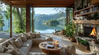 Soft Morning Jazz by the Lake | Cozy Fireplace Jazz with Birds & Forest Sounds for Focus, Relax