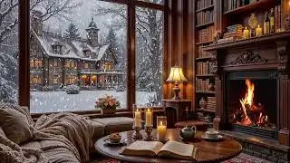 Cozy Winter Coffee Shop ❄️ Relaxing Jazz Piano & Crackling Fireplace Ambience for Study & Work