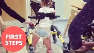 A toddler who lost all her limbs to meningitis takes her first steps
