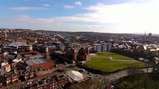 Aerial views of Worcester, the Hive library, university city campus and the racecourse