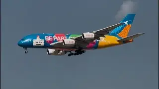 world best airline emirates a380 smooth landing in dubai international airport. a380 takeoff. Boeing