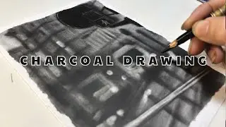 #237 Charcoal Drawing | Night Street Scene with Car and Traffic Light
