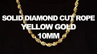 LoveBling Yellow Gold 10mm Solid Diamond Cut Rope Chain Necklace with Lobster Lock (16