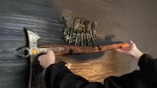 kratos-gold-9 - Wall mount holder - Handcrafted Leviathan axe and glow in the dark runes