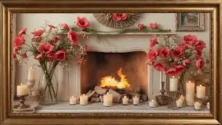 Gold framed Vintage and luxury fireplace art , flowers, candles .4k TV screensaver Relax Sleep Study