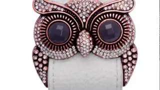 White Leather and Crystal Owl Cuff Bracelet, Fits 6.5 to 8.5 Inches - SuperJeweler.com
