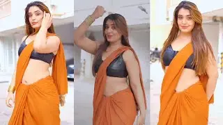 Beautiful Glamorous Rust Orange 🍊 Chiffon Saree With Paired in Black Blouse & Saree 