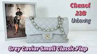 #chanel 23B Grey Caviar Small Classic Flap with Champagne Gold Hardware.