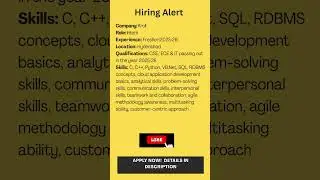 Hiring #fresherjobs #jobs2025 #freshers #techjobs #todayjobsupdate #applynow #itjobsearch #vacancy