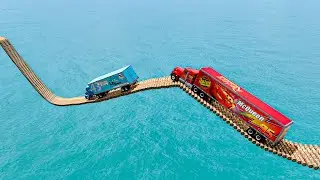 Mack Truck vs King Dinoco Truck Impossible Log Wave Bridge Crossing Cars Vs Deep Water -BeamNG.Drive