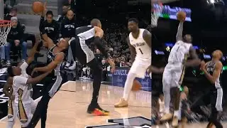 Wemby loses ball and still throws it in over Derik Queen then Zion goes by Wemby for dunk