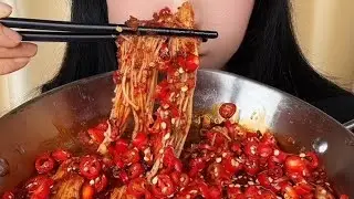 Mukbang - Enoki mushrooms with lots of super spicy red chili peppers 