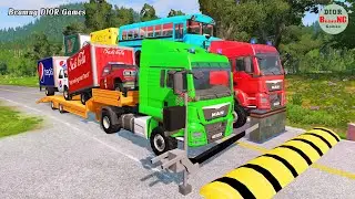Double Flatbed Trailer Truck vs speed bumps|Busses vs speed bumps|Beamng Drive|1290