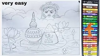maa Laxmi Puja scenery drawing step by step/Laxmi puja scenery drawing/ Laxmi thakur drawing