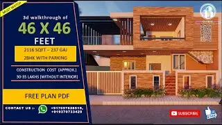 46x46 House Design 3D | 2116 Sqft | 237 Gaj | 2 BHK | Modern Design | Terrace Garden.
