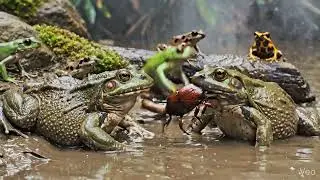Frog Feeding Frenzy in Muddy Jungle Pond