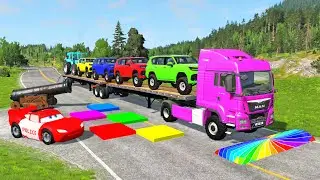 Flatbed Truck McQueen | Transportation with Truck - Pothole vs Car #53 | BeamNG.Drive Gameplay
