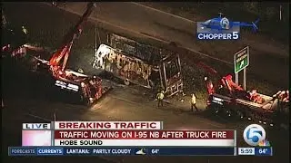Traffic moving after overnight semi fire in Hobe Sound