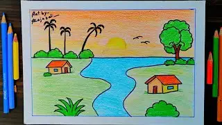 How to draw a easy Scenery||Scenery drawing for kids||village Scenery 