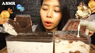 ASMR Frozen Tiramisu Cake & Oreo Ice Cream Cake Box 🥶, of course MILK is a must🥛 | Eating Sounds