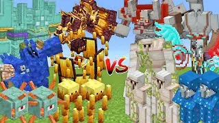 GUARDIAN & BLAZE ALLIANCE Vs IRON GOLEM & PILLAGER ALLIANCE MOB BATTLE IN MINECRAFT