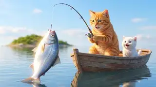 A Mama cat catches fish from the pond for her baby Cat and goes home and cooks and eats it.🐾🧢🐯