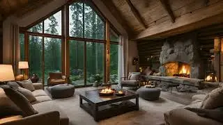 Cozy Cabin Jazz Music : Luxurious Rustic Living Room with Stunning Forest for Ultimate Relaxation 🔥🏡