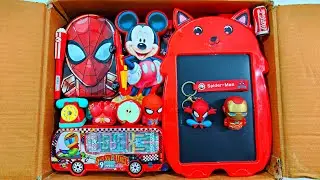 Unboxing Modern Red Stationery 📚, Geometry box, Piggy bank, Sharpener, Pen, Key Chain, Writing board