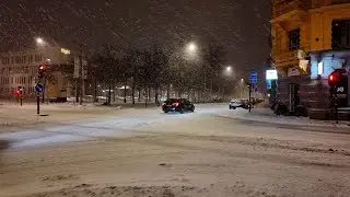 Winter Night in Stockholm: Snowstorm at Stureplan & Iconic Landmarks