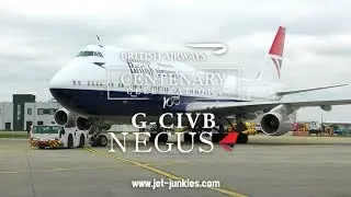 BA NEGUS G-CIVB 747-400 retro media event arrival and walk around London Heathrow