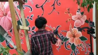 CARA MELUKIS BATIK di DINDING ( mural batik bunga sepatu ) time-lapse by GUNS ARTS