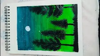 Simple painting ideas for beginners/ Greenish scenery with trees 🌲 and moon