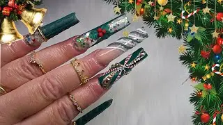 @Bomb Nails  Peppermint Swirl Holiday Nails | 3D Holly | Double French | Candy Cane Design |