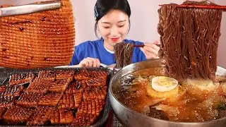 쫄깃 바삭한 돼지껍데기 시원한 물냉면 먹방:) Grilled pork skin Cold buckwheat noodles Mukbang