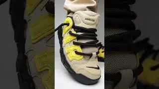 Detailed and on feet look of the AMBUSH x Nike Air More Uptempo Low &lsquo;Limestone Vivid Sulphur&rsquo; 🔥🔥🔥