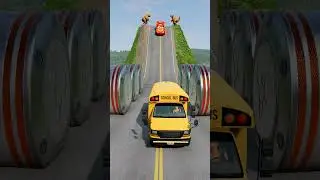 Cars & School Bus vs Hydraulic Bollards Crush - BeamNG.Drive