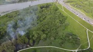 Fire filmed in Lethbridge with whoop-up backed up to downtown. Drone video on June 22 - 2020.